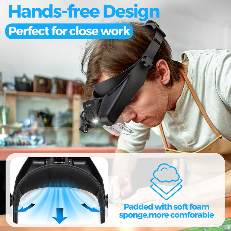 Magnifying Glasses with Light, Versatile Magnifying Glasses for Close Work, 1x - 14x Headband Magnifier with 5 Lenses & Two Led Lamps, Hands-Free Jewelers Loupe Visor for Hobby, Crafts Black