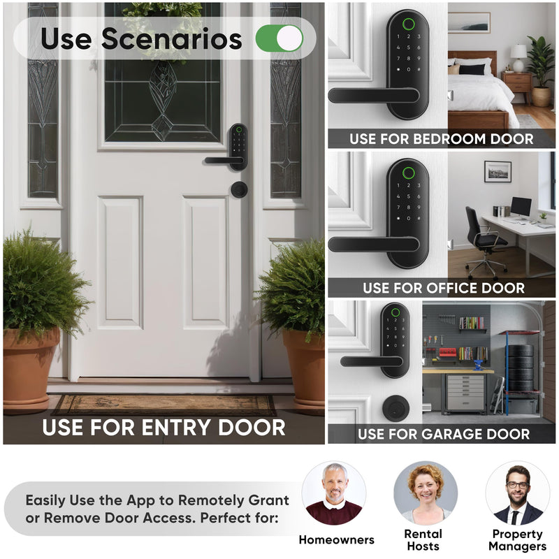 Keyless Entry Fingerprint Digital Smart Lock with Handle & Keypad: Electronic/Electric Lock with Code, App Control Biometric Deadbolt Door Knob for Front, Interior, Exterior & Bedroom Door (Black) Black
