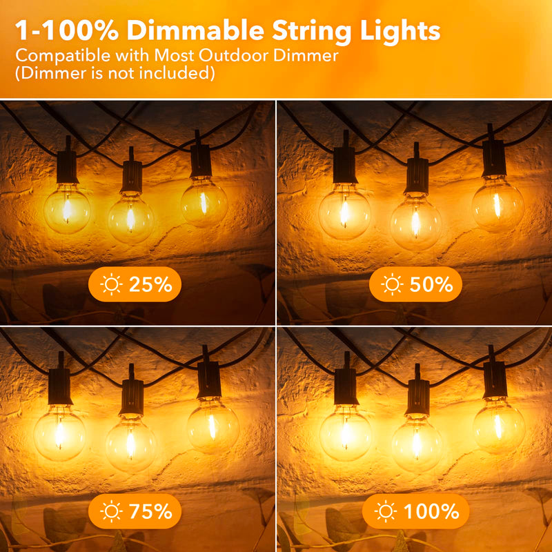 Brightown Outdoor String Lights - Connectable Dimmable LED Patio String Lights with G40 Globe Plastic Bulbs, All Weatherproof Hanging Lights for Outside Backyard Porch (50 ft - 25 LED Bulbs) Black 50 ft - 25 LED Bulbs