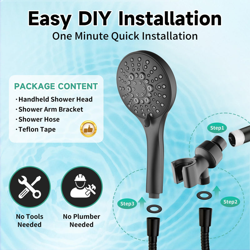 BRIGHT SHOWERS High Pressure Shower Head with Handheld, 9 Spray Settings Showerhead Built in Power Wash to Clean Tub and Pets, Extra Long 69" Hose, Adjustable Bracket, Matte Black 2.5 GPM | 9 Modes