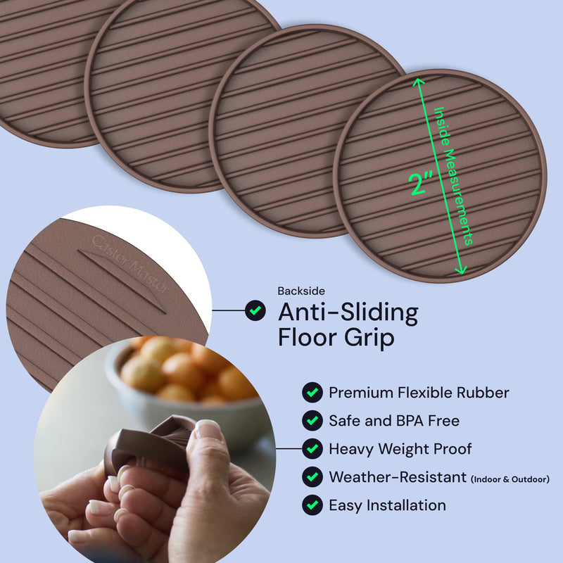 CasterMaster Non Slip Furniture Pads for Hardwood Floors - 2x2 Brown Round Rubber Feet for Furniture - Anti Slip Couch Stoppers to Prevent Sliding - Set of 4 Bed Stoppers