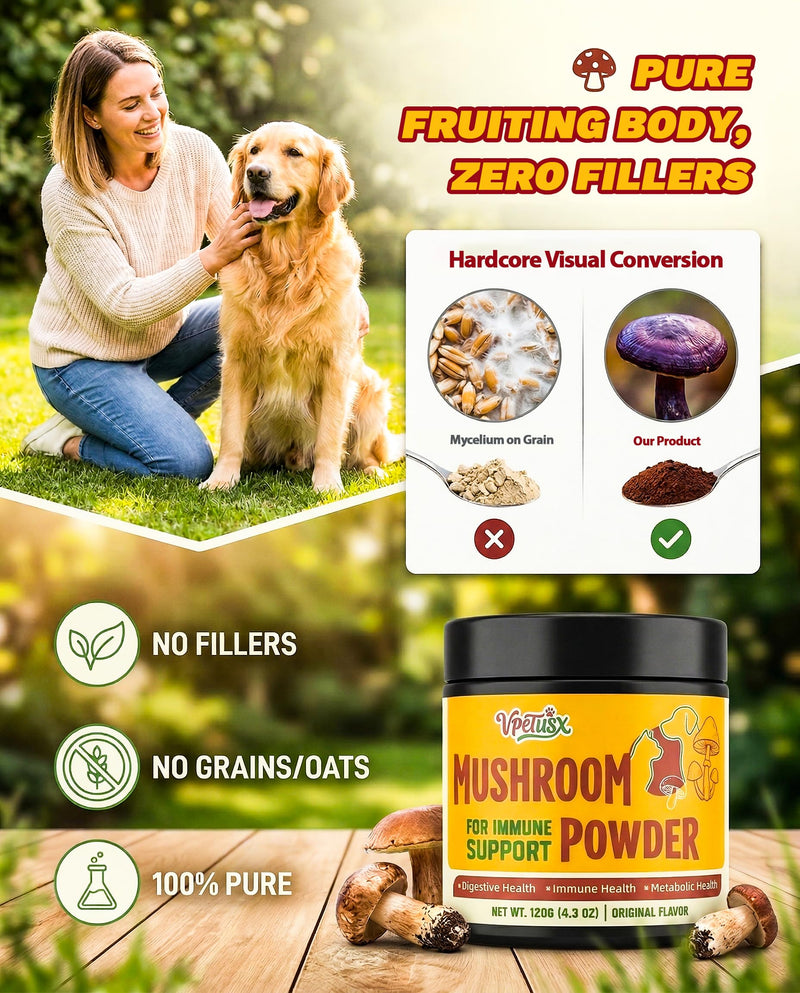 Organic 8-in-1 Turkey Tail Mushroom Powder for Dogs - Senior Dog Immune & Gut Defense, Soft Bumps & Energy Support,No Fillers, Potency(120g)