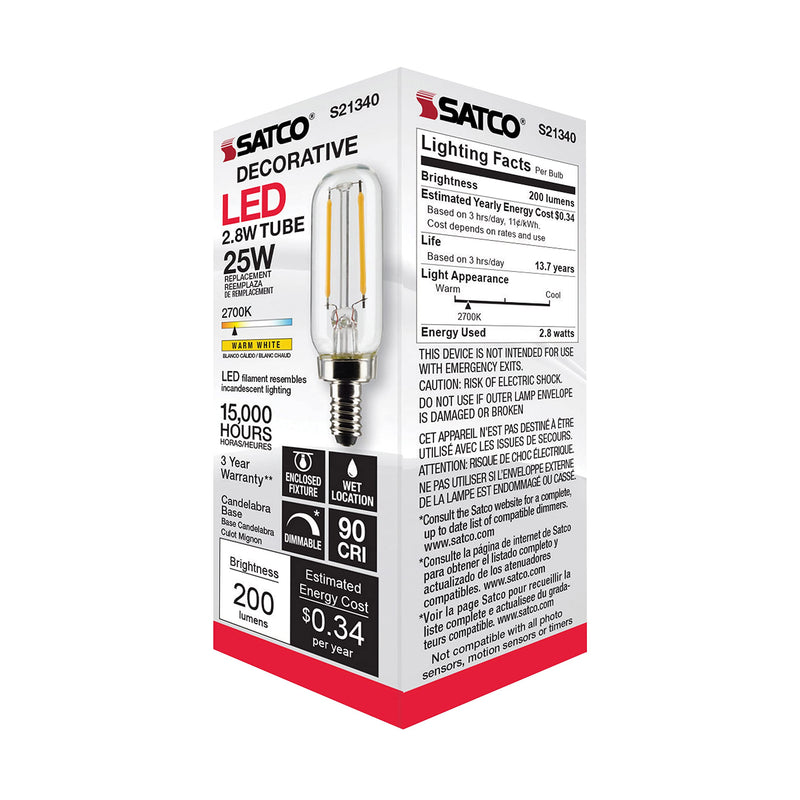 Satco S21340/06 2.8-Watt LED E12 Light Bulbs, 2700K, 15000 Hour Rating, Dimmable, 6 Pack