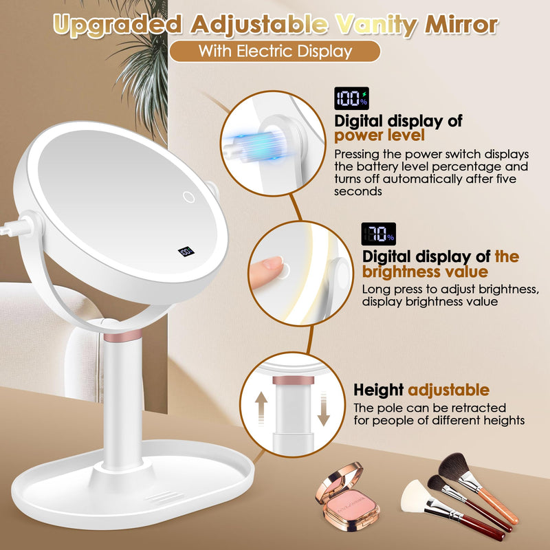 MIYADIVA Makeup Mirror with Lights, 30X/1X Magnifying Mirror with Digital Display, Height Adjustable Desk Mirror, Detachable for Travel, Vanity Mirror with Phone Holders and Tweezers, Gifts for Women White