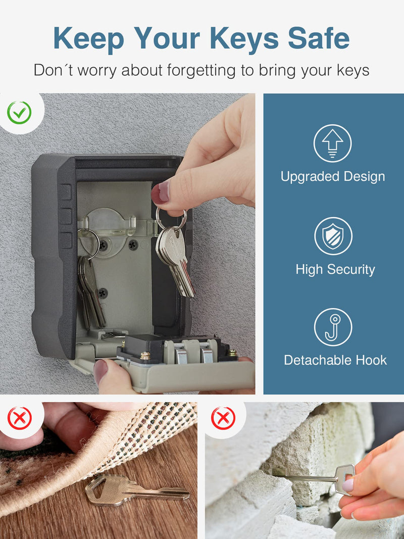 Puroma Key Lock Box with Key Hook, Resettable 4-Digit Combination Lockbox, Waterproof Key Storage Security Lockbox, Large Capacity Wall Mounted Lockbox for House Keys, Realtors, Garage Spare Keys Without Shackle
