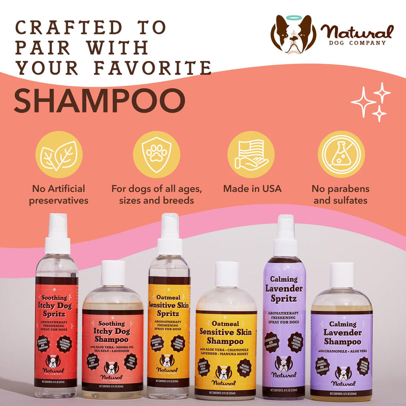 Natural Dog Company Soothing Itchy Dog Shampoo and Dog Spray Deodorizer Perfume, Includes (1) Soothing Itchy Dog Shampoo 12 Oz, (1) Itchy Dog Dog deodorizing Spray 8 Oz - PawsPlanet Australia