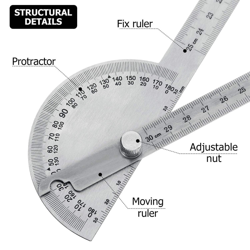Angle Protractor Angle Finder Ruler Two Arm Stainless Steel Protractor Woodworking Ruler Measure Tool with 0-180 Degrees(30 cm/ 11.8 Inch) 30 cm/ 11.8 Inch
