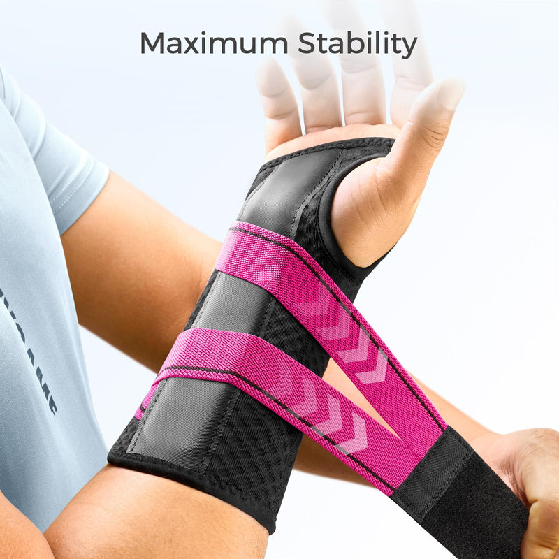 FREETOO Carpal Tunnel Wrist Brace Night Support Fit Right Hand for Work, Pain Relief Wrist Splint for Tendonitis, Sprain, Strain, Rigid Hand Brace for Arthritis for Women and Men (S/M, Black/Pink) Right-Rosa Pink/Black S/M