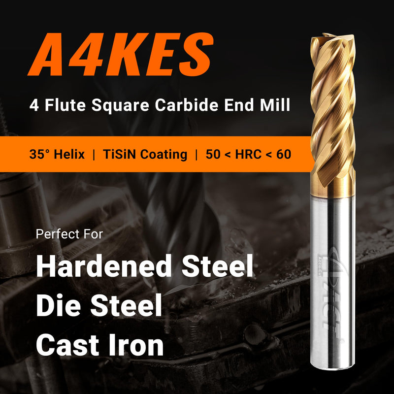 ACCUCUT A4KES 3mm Carbide Square End Mill- 4 Flute Milling Bit for Steel, Die or Hardened Steel, Cast Iron, Copper, Alloys & Materials 50 < HRC < 60 - TiSiN Coating CNC Router Bit, 35 Degree Helix 3