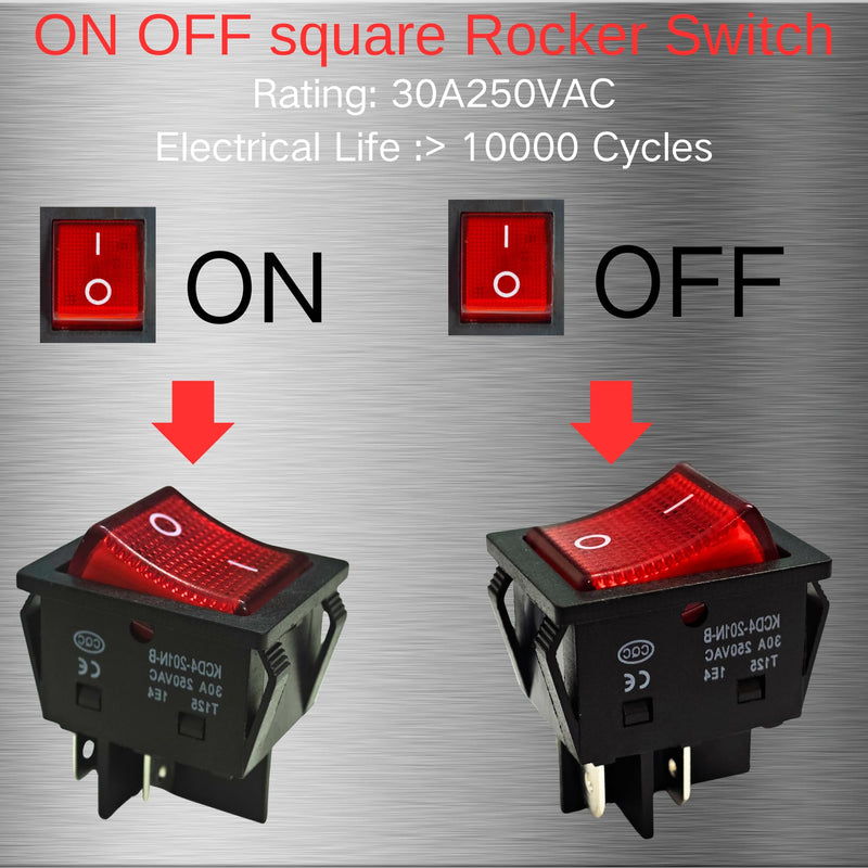30A 250V KCD4 Rocker Switch DPST 4 Pin Red Lighted 120V Rocker Toggle Switch ON Off Heavy Duty T125-2Pack