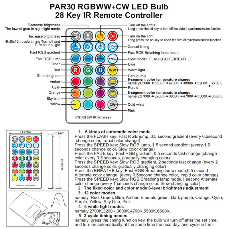2 Pack,PAR30S RGBWCT LED Bulbs,RGB+Warm+Cool White(2700K-6500K)+Timing, LED Flood Light,Indoor/Outdoor,IR Remote Control, Waterproof Lawn Lamp for Home Courtyard Christmas Party Decoration