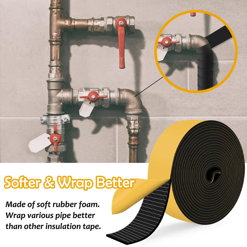 Pipe Insulation Tape, Pipe Wrap Insulation Foam Tape Self Adhesive, Outdoor Water Pipe Insulation, Ac Line Insulation, HVAC Tape, Heat Tape For Water Pipe, 2 inch x 16.5 FT Pipe Insulation Roll,Black 2" wide x 1/8" thick x 16.5ft long Black