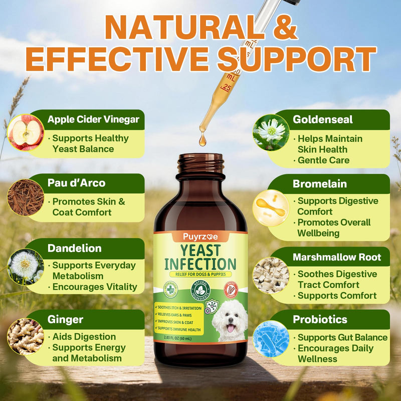 puyrzoe Natural Yeast Infection Treatment for Dogs, Itchy Ears, Skin, Paws & Allergy Relief, Yeast Treatment for Dogs, Supports Gut & Immune Health, Reduces Itching, Irritation & Inflammation, 60ml Yeast Drops-1 PC