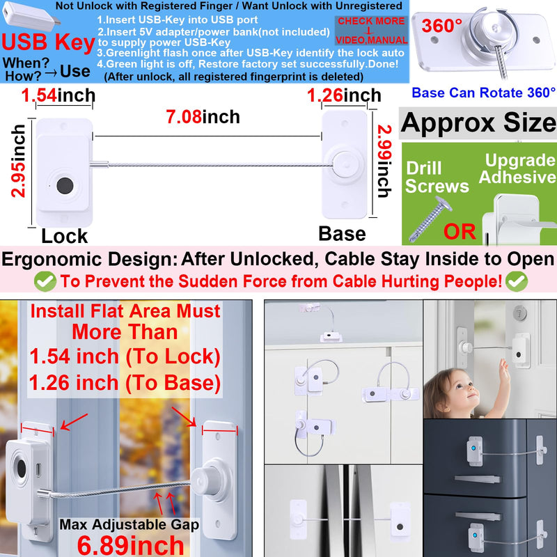 Fingerprint Refrigerator Cable Lock Childproof for Filing Cabinet Door Drawer Freezer, 90 Degree Window Locks French Fridge Latch RV Furniture Anchors Anti Tip, Adhesive/Drill, w/USB Key