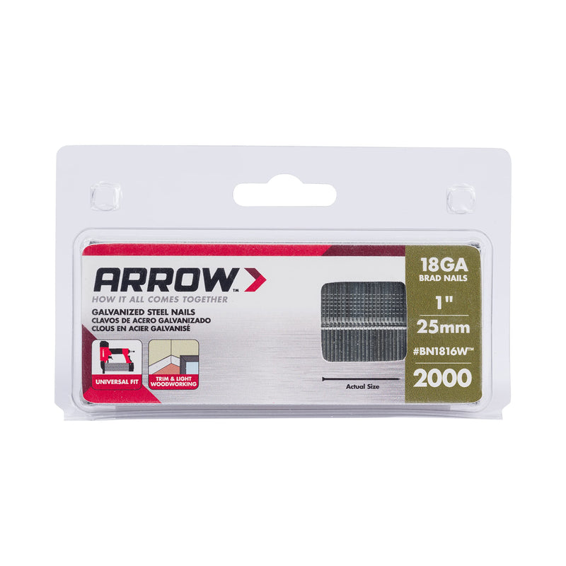 Arrow BN1816WCS 18-Gauge Steel Brad Nails for Molding, Cabinets, Framing, Trim, and Finishing, Safe to Use with Electric or Battery Powered Nailers, 1-Inch, 2000 Pack