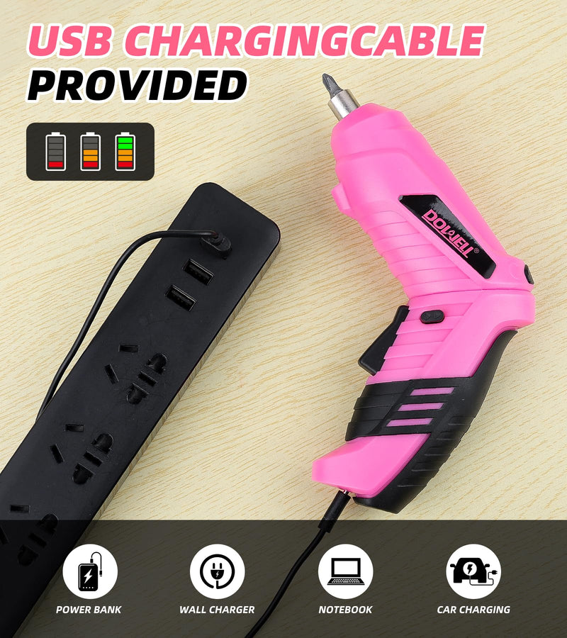 DOWELL Pink Electric Screwdriver Set, Tools with 3.6V Screwdriver for Women