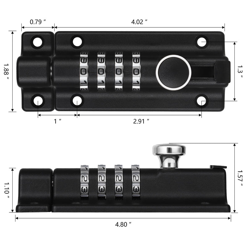 Bolt Lock Gate Locks for Outdoor Fence Zinc Alloy Slide Lock 4 Inch Outdoor Keyless Gate Lock with 12 Screws Includes 6 Anti-Theft Screws Gate Lock with Code for Room Doors Cabinets Pool Doors