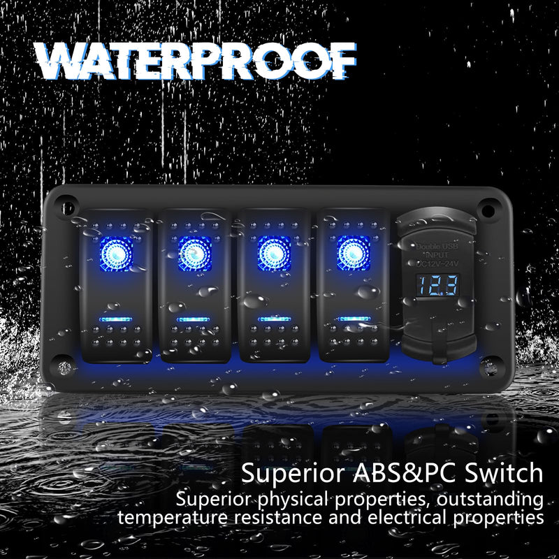 4 Gang Rocker Switch Panel with 4.8 A Dual USB Charger and Voltmeter Pre-Wired Waterproof 12V/24V DC Aluminum Switch Panel with 132PCS Night Glow Stickers for Cars UTVs ATVs Trucks Boats RVs 4 Gang Right