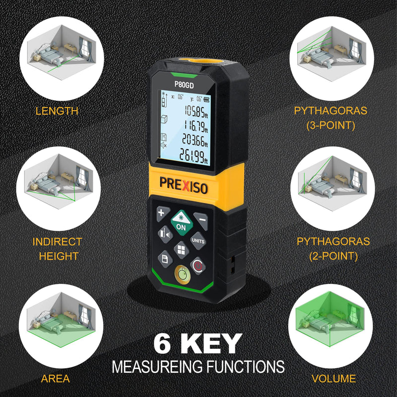 PREXISO Laser Measure Rechargeable, 265Ft Green Beam Laser Measurement Tool with Angle Sensor& 30 Sets Data Storage &1/4"-20 Threaded Hole - Ft/Ft+in/in/M Units - Pythagorean Mode, Area, Volume