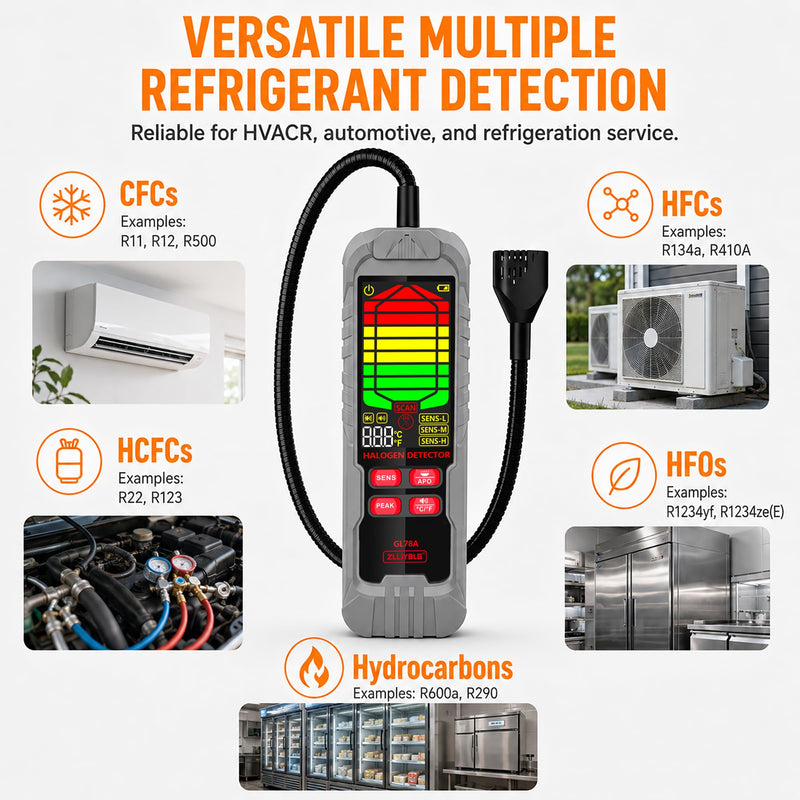 GL78A Halogen Leak Detector, Refrigerant Gas Leak Tester for HVAC R22 R32 R134a R410A, with Flexible Probe, 3 Sensitivity Levels, Audible & Visual Alarm for AC Automotive Industrial Use-Gray gray