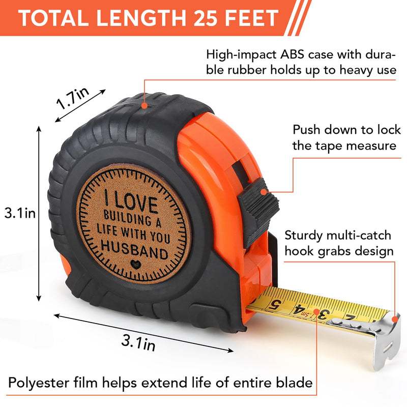 Valentines Day Gifts for Him Husband Gifts from Wife, Birthday Anniversary Husband Gifts for Men, Best Husband Ever Gifts, Genuine Leather Engraved 25 FT Tape Measure Tool Gifts for Husband I Love Husband