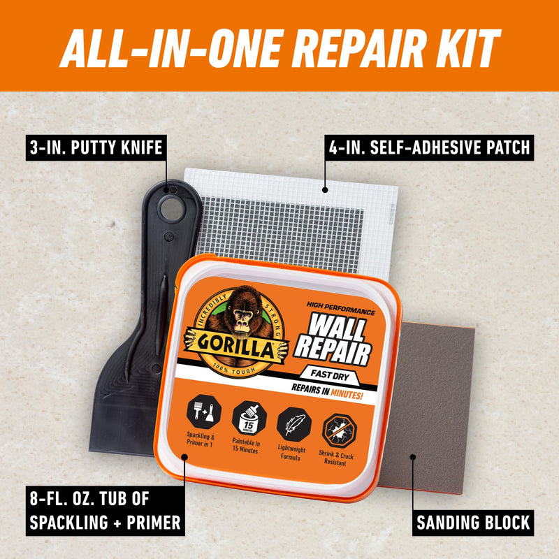 GORILLA Wall Repair Kit, Heavy Duty Spackling Tub, 4 in Patch, 8 Fl Oz (Pack of 2)