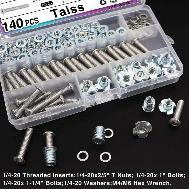 Taiss 140PCS 1/4-20 Threaded Inserts for Wood,T Nuts,1/4-20x 1", 1-1/4" Bolts Button Head Socket Cap Screws Fully Threaded and 1/4-20 Washers with Hex Wrench F-116-140PCS