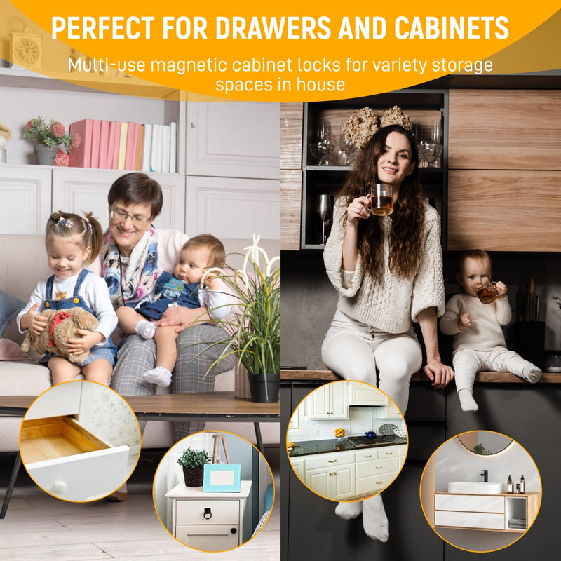 Magnetic Cabinet Locks Baby Proofing - Children Proof Cabinet Drawers Safety Locks (10 Locks and 2 Keys)