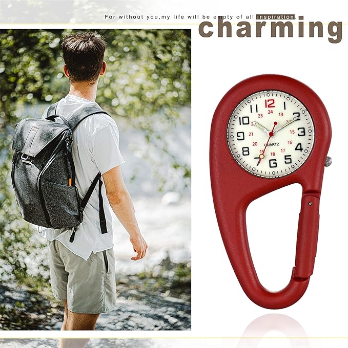 Lancardo Carabiner Watch Waterproof Carabiner Watch Pocket Watch Men Women Analog Luminous Key Chain Watch Clip Pocket Watch, red - NewNest Australia