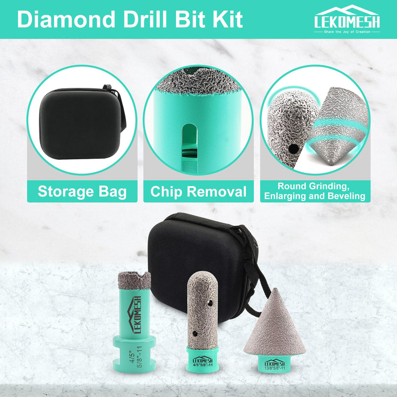 3 PCS Diamond Core Drill Bits Set - Vacuum Brazed Tile Hole Saw Core Drill Bit, Chamfer Beveling Bit & Finger Milling Bit for Porcelain Tile, Granite, Marble, Concrete, 5/8"-11