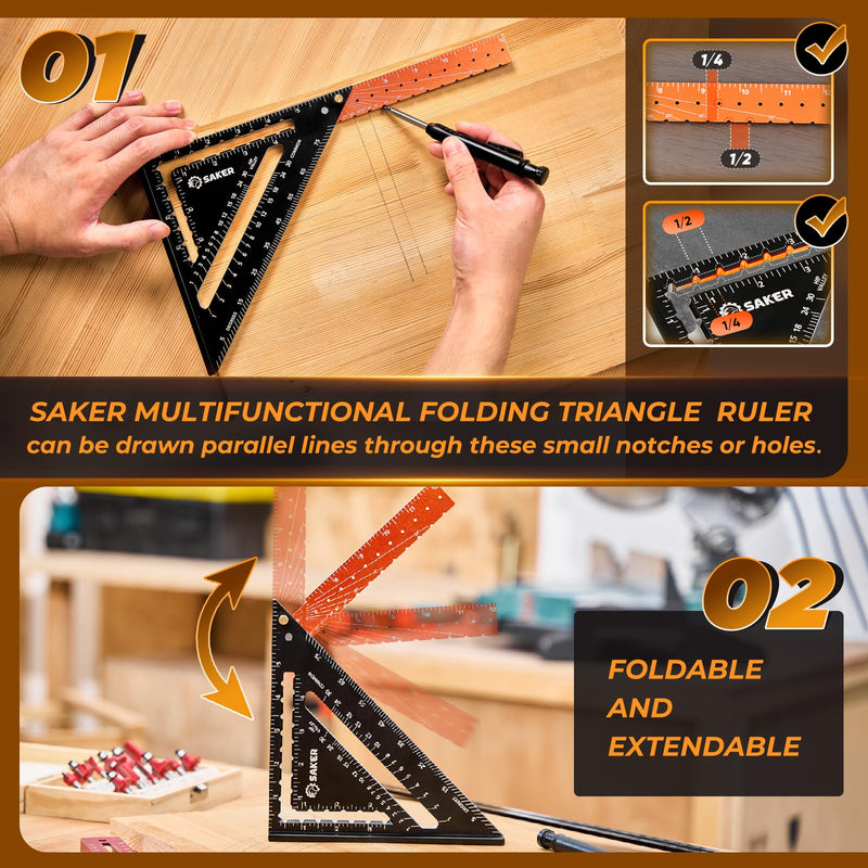 Saker Folding Square 12 inch,T Square Triangle Ruler Measuring Layout Tool,Gift for Men,Multi-Purpose Carpenter Square,Rafter Square Woodworking Tool for Drawing Contour Lines and Angles