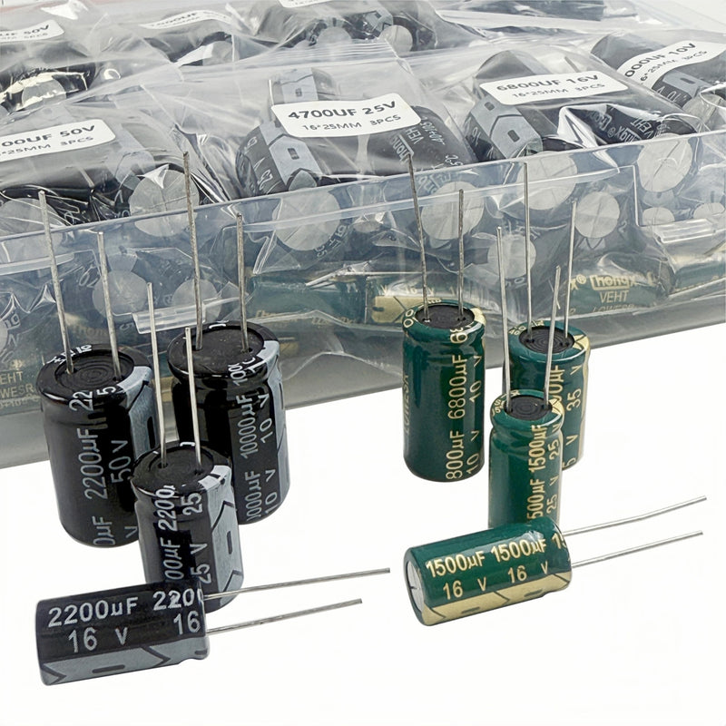 25 Values Aluminum Electrolytic Capacitor Kit 1000uF-10000uF | 180 Pieces, 1000uF 1500uF 2200uF 3300uF 4700uF 6800uF 10000uF, 10V 16V 25V 35V 50V, Large-Capacity Capacitors Assortment Set 1000uF-10000uF 180pcs