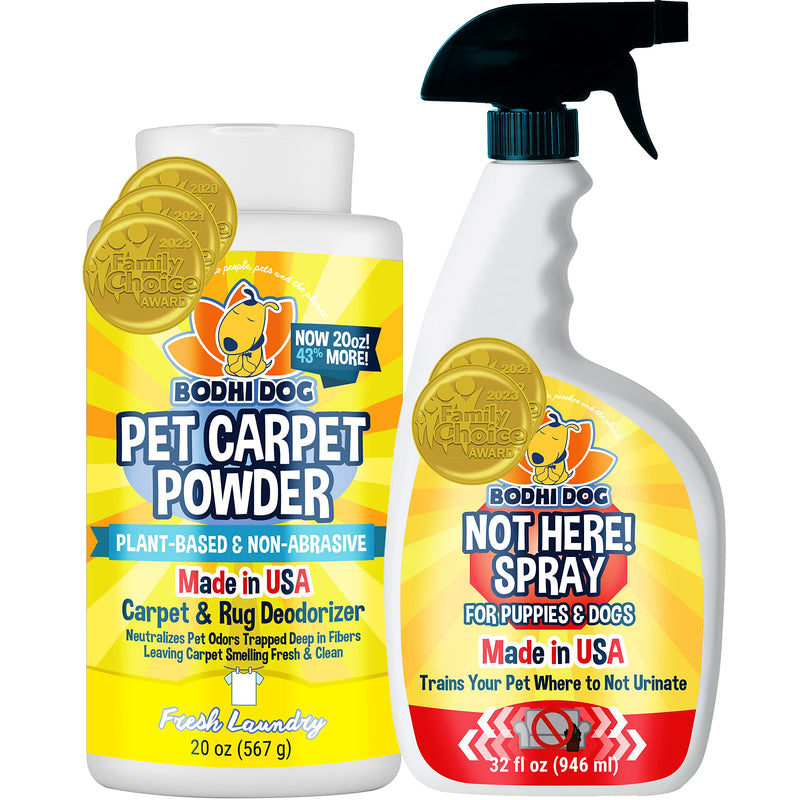 Bodhi Dog Pet Carpet Powder - Fresh Linen 20oz + Not Here Spray! 32oz Bundle
