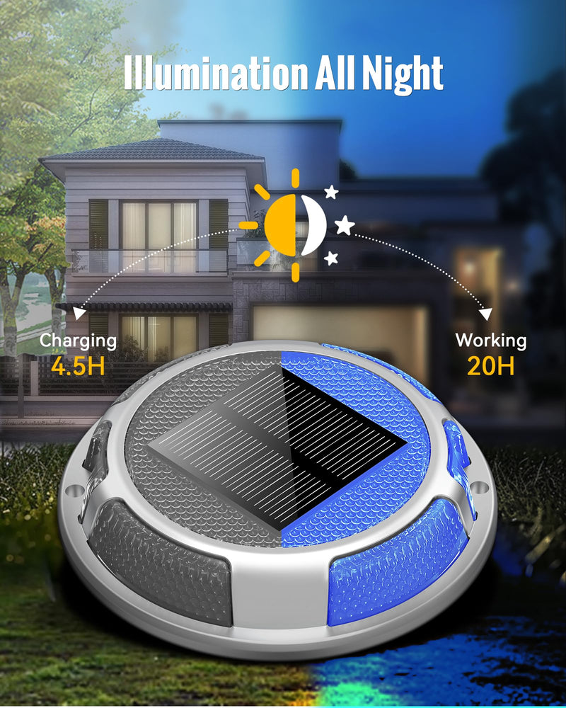 Solar Driveway Lights Dock Lights Waterproof 4 Pack, 2 Colors in 1, LED Solar Deck Lights for Outside, Solar Powered Ground Lights for Warning Driveway Stair Step Pathway(Blue & White) Blue Light & Cool White