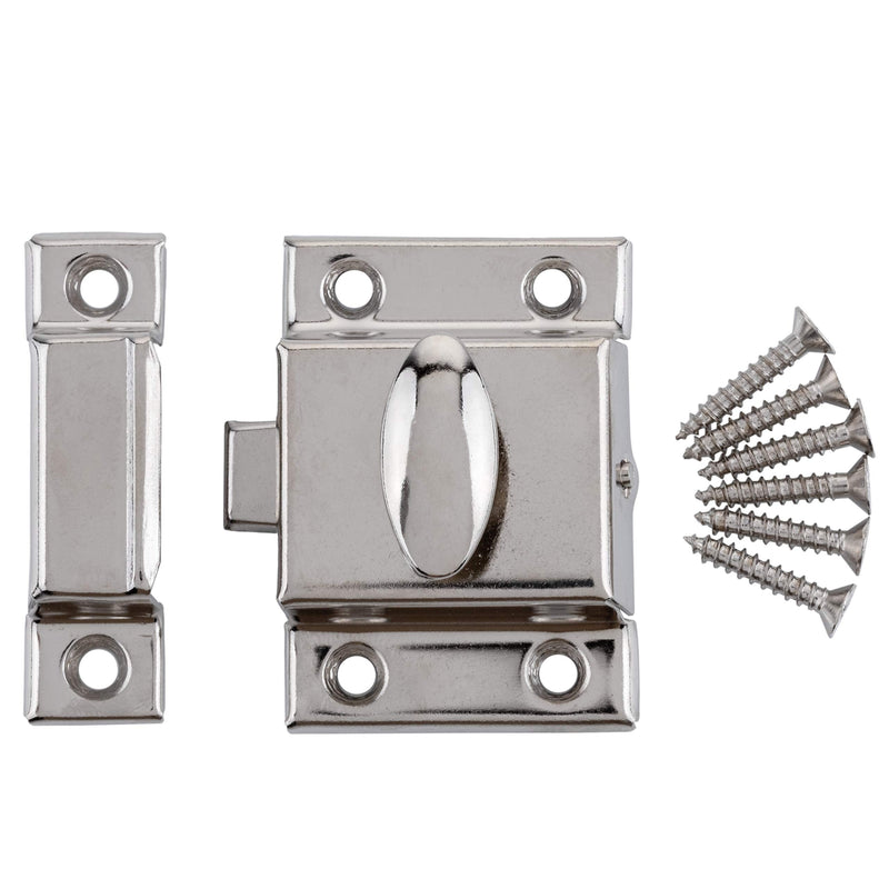 Large Stamped Nickel Plated Cabinet Door Latch - 2 1/8" × 2 1/8" - Spring Loaded Cupboard Door Latch with Oval Turn - Vintage Cabinet Hardware | UA-140-LPN (1)