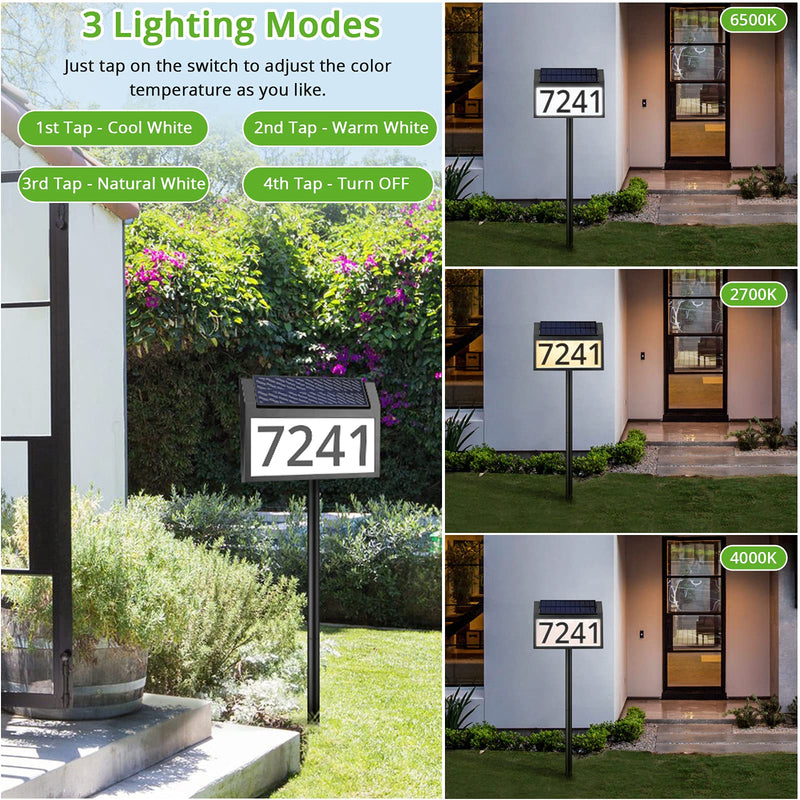 MAXvolador Solar Address Sign Lighted House Numbers Waterproof, Solar Powered LED Illuminated Address Plaques with Stakes, 3-Color in 1 Address Number