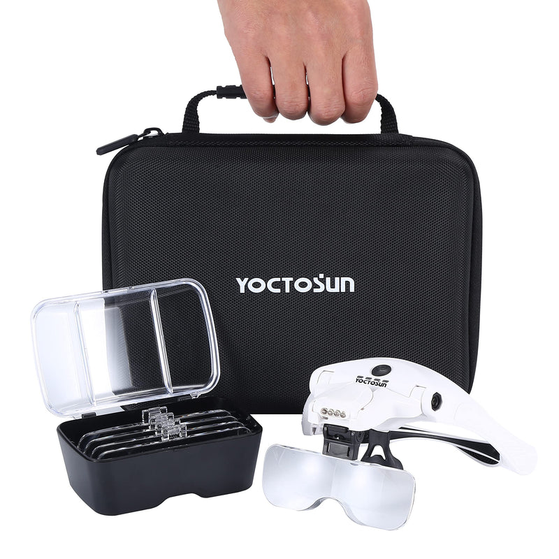 YOCTOSUN Magnifying Glasses with 4 LED Lights, Head Mount Magnifier with Storage Case,5 Lenses, Headband, Hands Free Lighted Head Magnifying Visor for Hobby Crafts & Close Work White With Storage Case