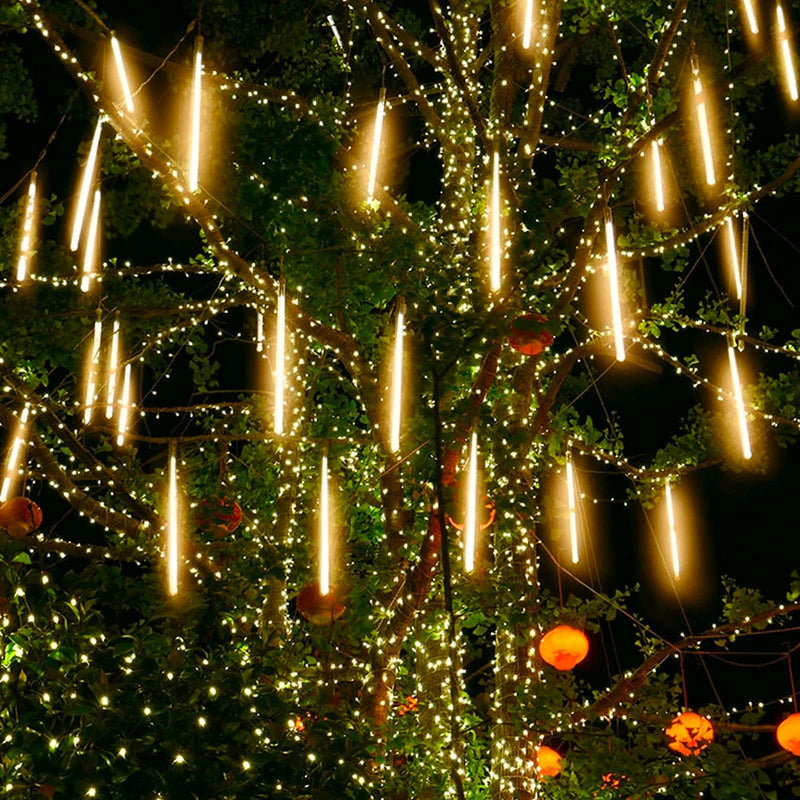 Brightown Solar Meteor Shower Lights Outdoor - 576 LED Rain Drop Lights with 16 Tubes, 16 Inches - Solar Powered Christmas Decorations for Tree Bushes Holiday Party Christmas Decor, Warm White 16Inch 16Tube 576LED