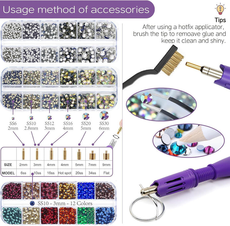 For Clothes, Fabric, Jeans, Hotfix Rhinestones Applicator Kit Set with 4500 Pcs Crystals (White/AB/Multi-Color), DIY Craft Includes 19 Pattern Templates, Tweezers, Cleaning Brush, Storage Bag