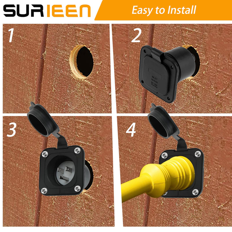 15 Amp Flanged Inlet, 125V NEMA 5-15P Shore Power Inlet Receptacle, AC Port Plug with Waterproof Cover Recessed Male Outlet, 2 Pole 3-Wire Straight Blade Electric Plug for RV Trailer Shed Block Heater