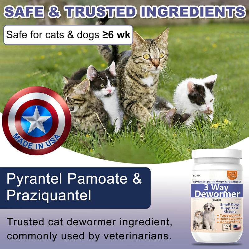 FLIKO 3-Way Dewormer for Small Dogs, Puppies, Cats & Kittens, Puppy Dewormer for Tapeworms, Roundworms & Hookworms, Pyrantel Pamoate & Praziquantel, 100 g (Powder)