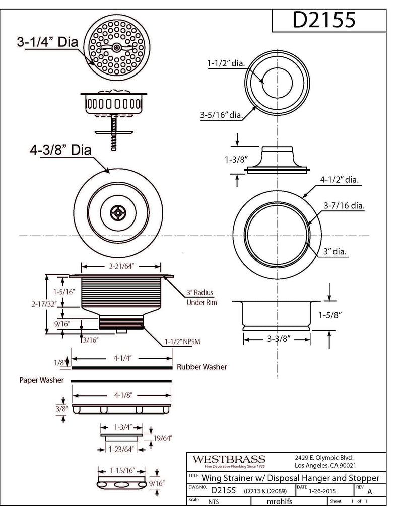 Westbrass D2155-12 Wing Nut Style Large Kitchen Basket Strainer with Waste Disposal Flange and Stopper, Oil Rubbed Bronze