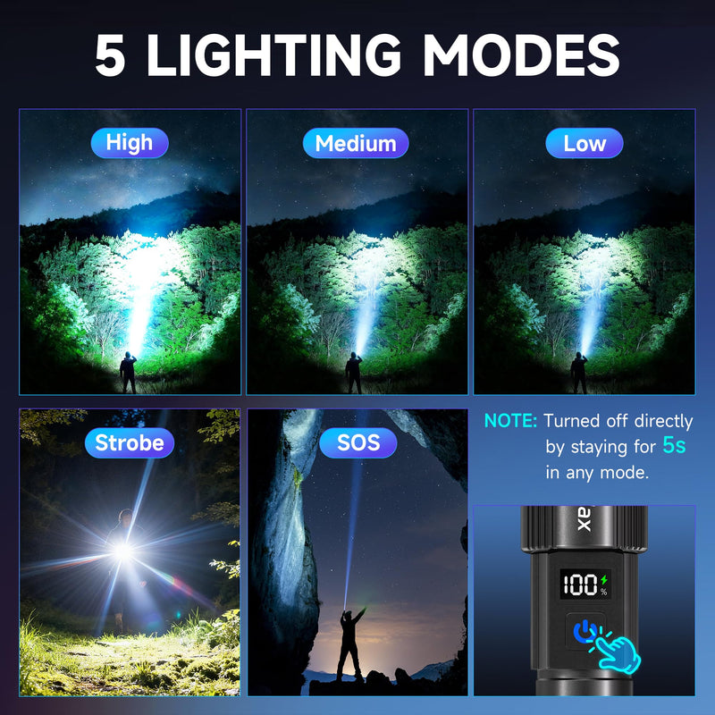 4Pack Rechargeable Flashlights High Lumens 10000LM, Super Bright Flashlight with LCD Digital Display, 5 Modes Adjustable Flash Light, LED Flashlight Powerful, Tactical Flashlights for Home
