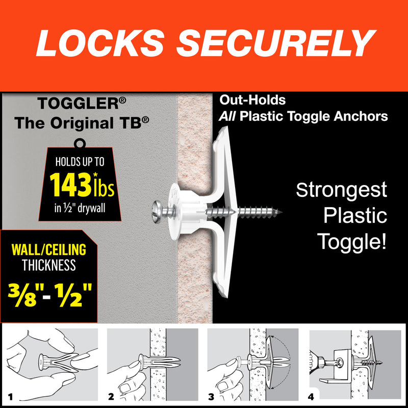 TOGGLER Toggle TB Residential Drywall Anchor, Polypropylene, Made in US, 3/8" to 1/2" Grip Range, For #6 to #14 Fastener Sizes (Pack of 100) Pack of 100