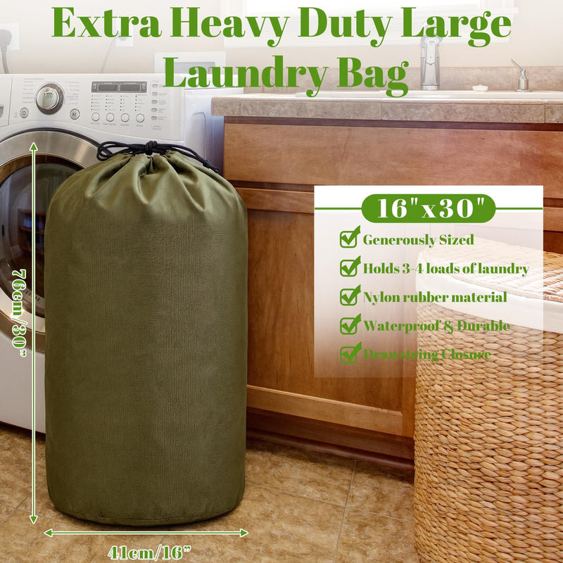Waterproof Dry Bag Green Laundry Clothing Bag with Rubber Liner Heavy Duty Nylon Drawstring Storage Backpack for Wet Weather Outdoor Travel Kayaking Boating Rafting Camping Hiking Beach