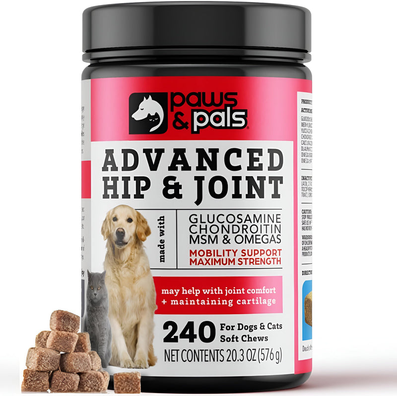 Paws & Pals Glucosamine Chondroitin MSM for dogs 240 Count, Hip and Joint Mobility Soft Chews Supplement, Pain & Inflammation Relief for all breeds - Maximum Strength, Treats Hip Dysplasia & Arthritis Chicken