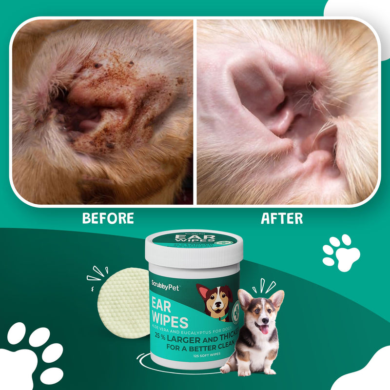 Dog Ear Wipes for Dogs | Extra Thick with Aloe Vera & Eucalyptus | 125 Count | Hypoallergenic Ear Cleaner for Dogs with Pearl Texture for Deeper Clean | Scrubby Pet Aloe Vera + Eucalyptus - PawsPlanet Australia