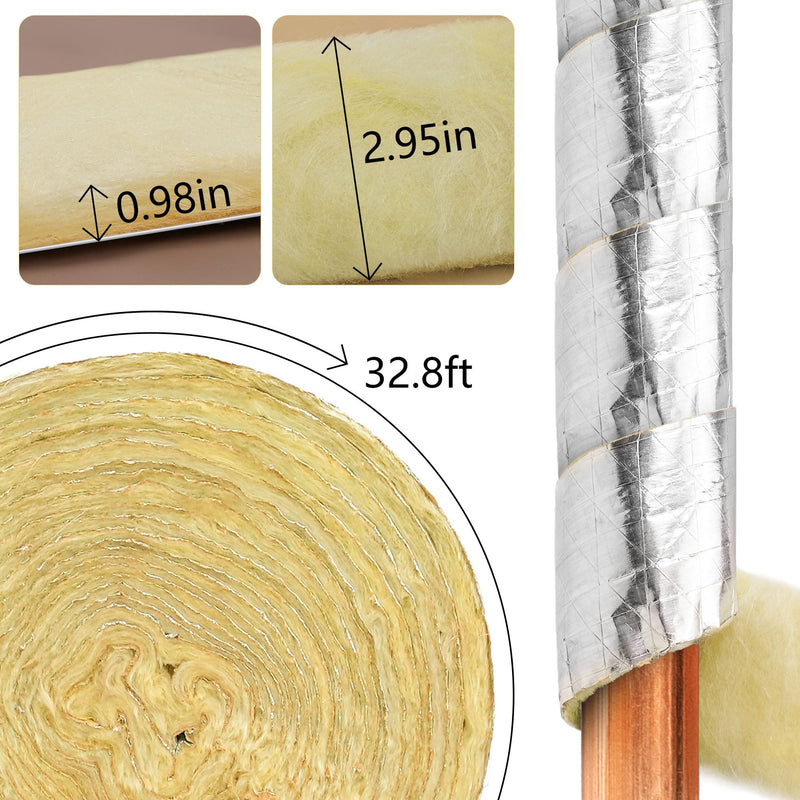 32.8 FTx 3 in Foiled Back Fiberglass Pipe Insulation Wrap,Pipe Insulation Foam Wrap Tape Ceramic Water Pipe Insulation Wrap for Outdoor Indoor Pipe Insulation Wrap Freezing Weather (1 Pack) 1