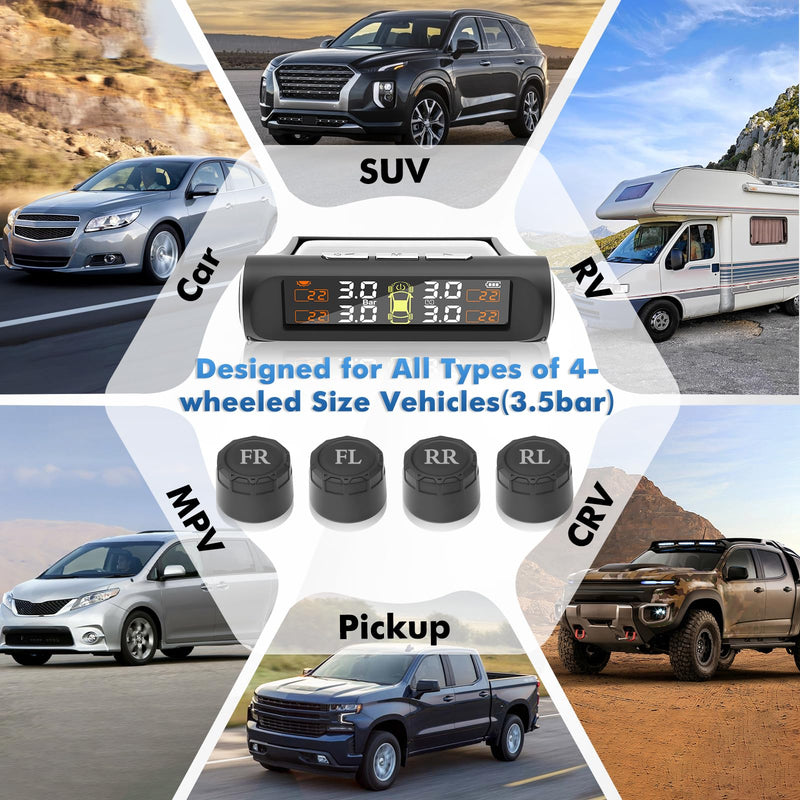 Tire Pressure Monitoring System with Solar Charge,TPMS Tire Pressure Monitor System with 4 External sensors & 5 Alarm Modes, Real Time Monitoring Pressure & Temperature,Suitable for 4 Wheeled Vehicles