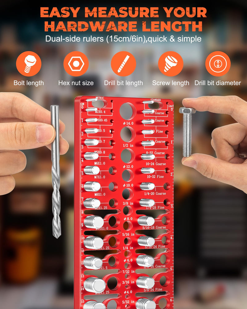 57 Pcs Nut and Bolt Thread Checker - 21 Standard + 17 Metric Thread Gauges | 19 Drill Bit Gauges, Wall-Mountable Bolt Size Finder for Fastener & Drill Bit Identification